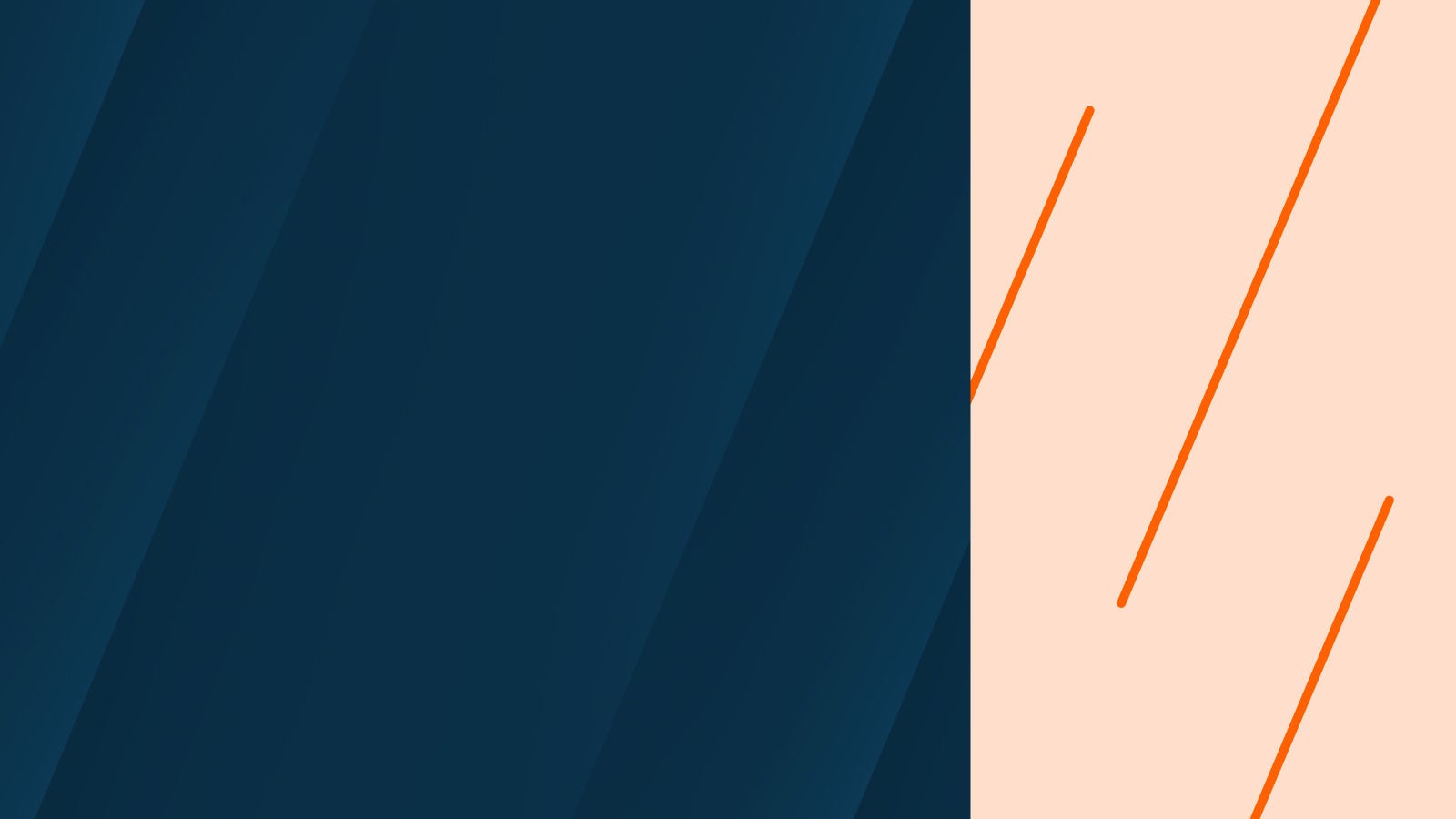 Split background with dark and cream sections, accented by orange diagonal stripes.