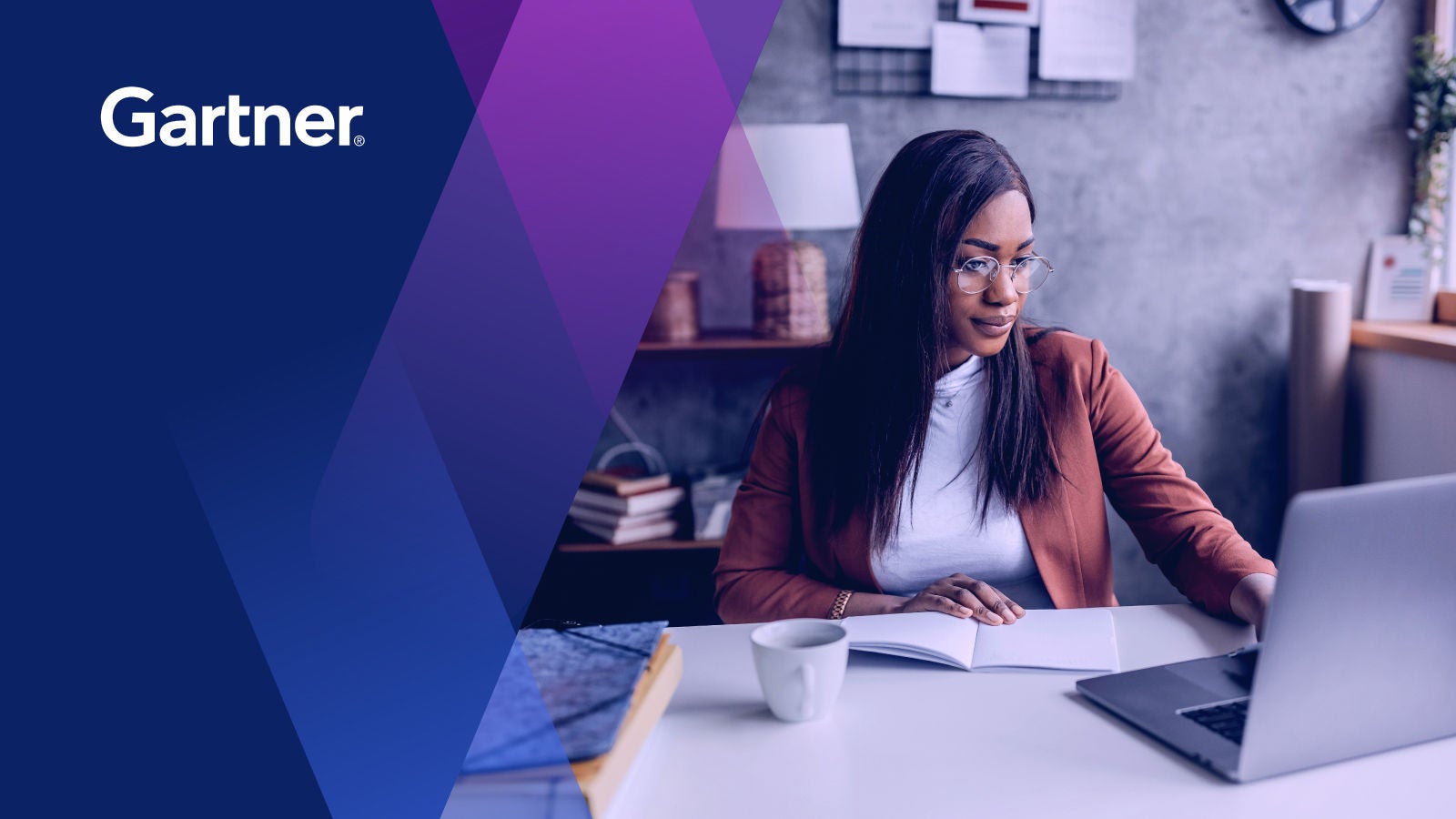 Graphic: woman working at desk on laptop with graphical overlay and Gartner logo