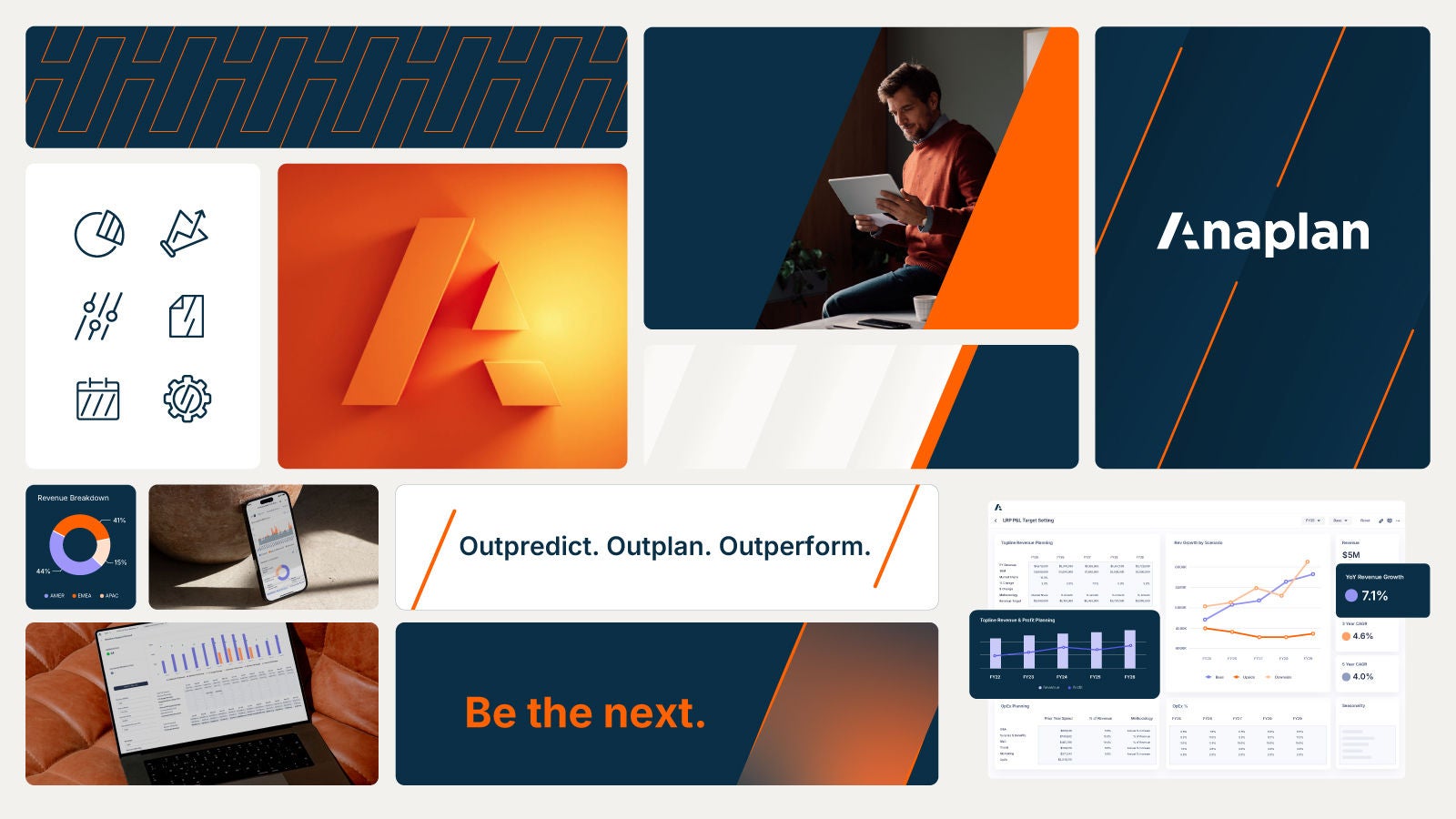 A collage of Anaplan brand elements, including charts, UI dashboards, a 3D orange “A” icon, mobile and laptop screens with analytics, and the tagline “Outpredict. Outplan. Outperform.” with a message reading “Be the next.”