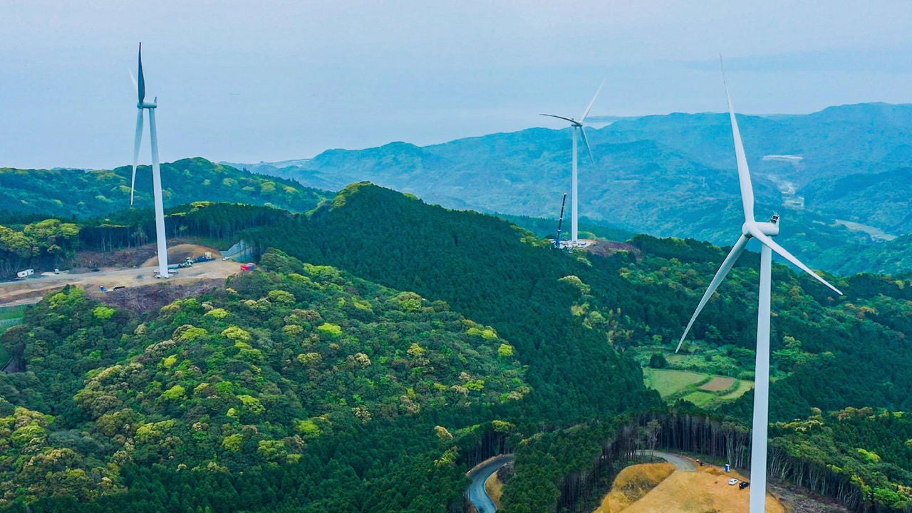 Wind turbines in a lush forest