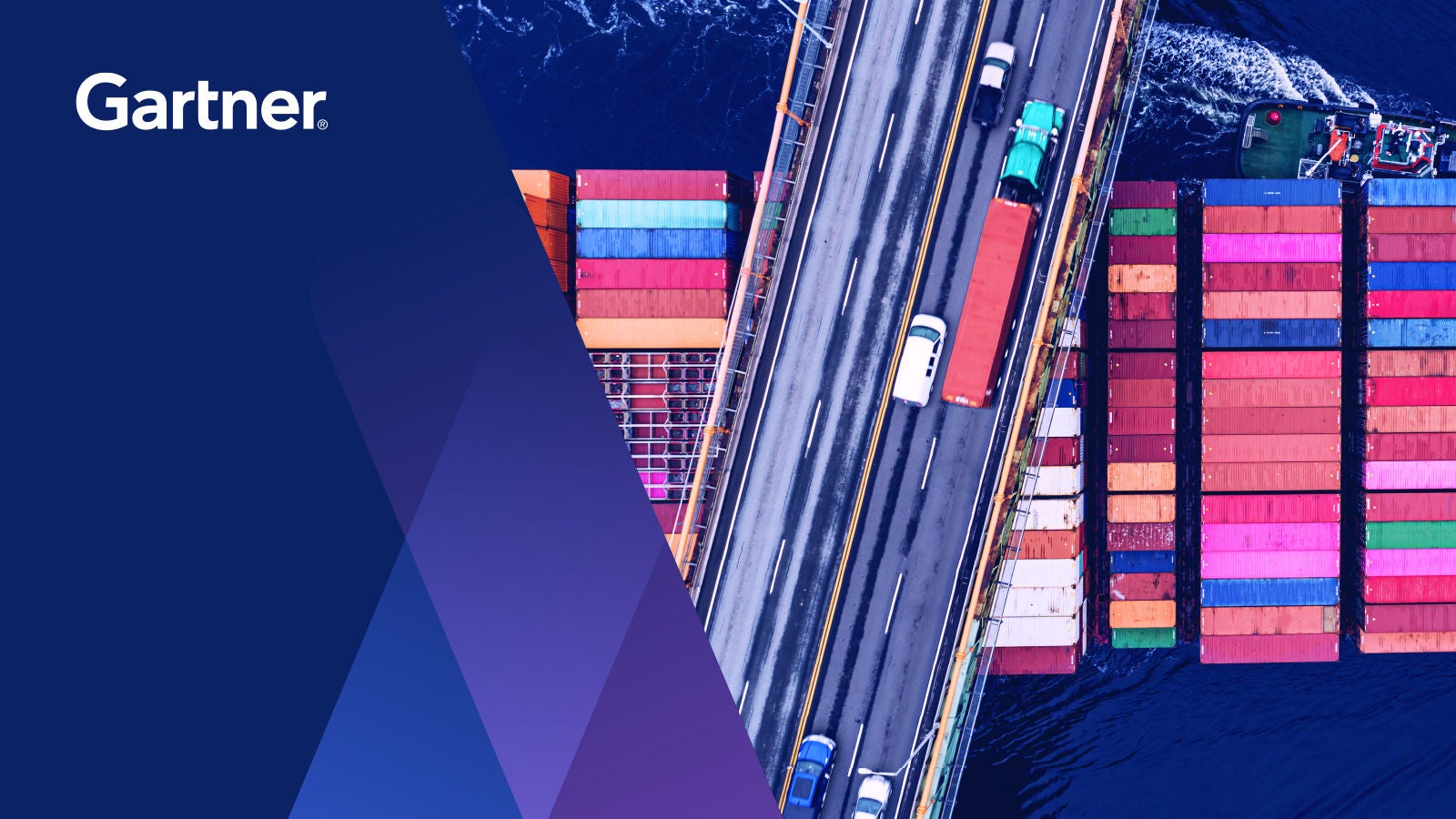 Graphic: shipping containers on dock with bridge overtop. Graphic overlay with Gartner logo