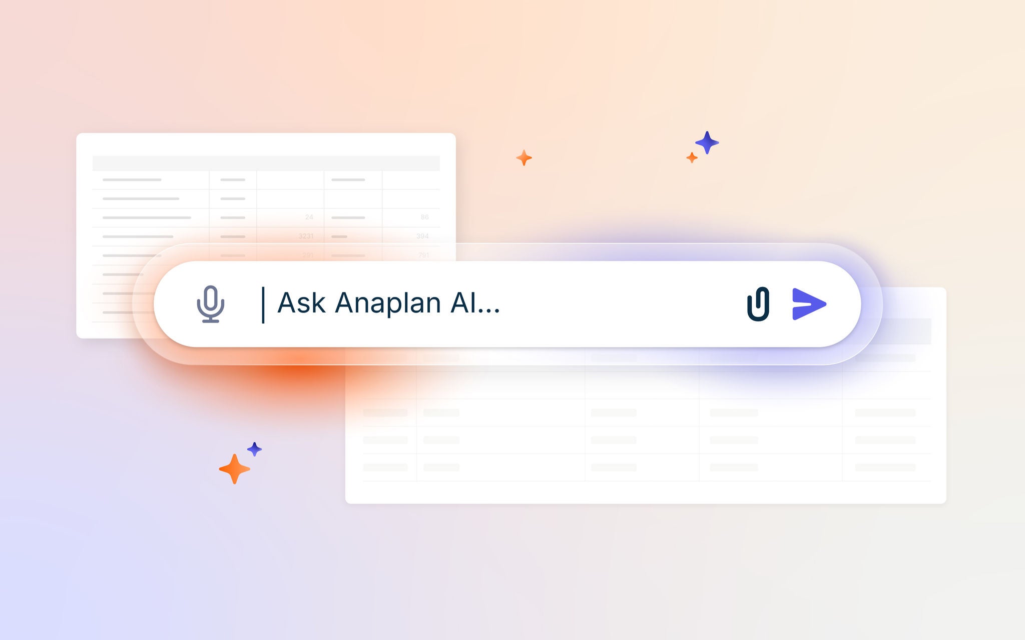 An illustration of the Anaplan AI prompt interface with microphone, attachment, and send icons over blurred data tables.