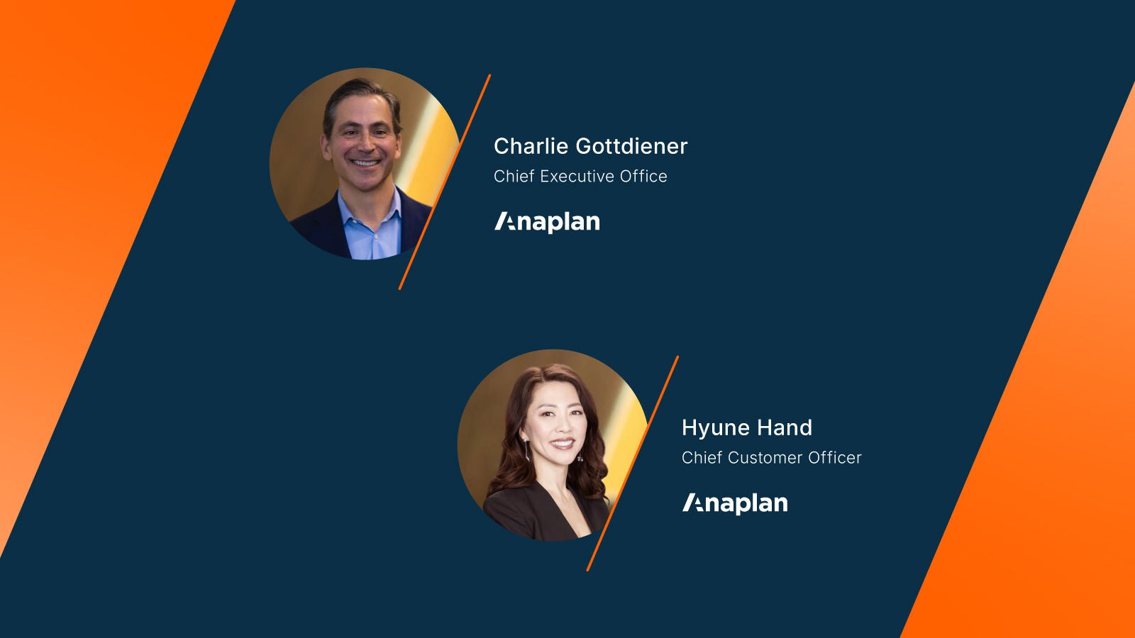 Anaplan leadership slide with headshots of Charlie Gottdiener, Chief Executive Officer, and Hyune Hand, Chief Customer Officer, on a dark blue and orange background.