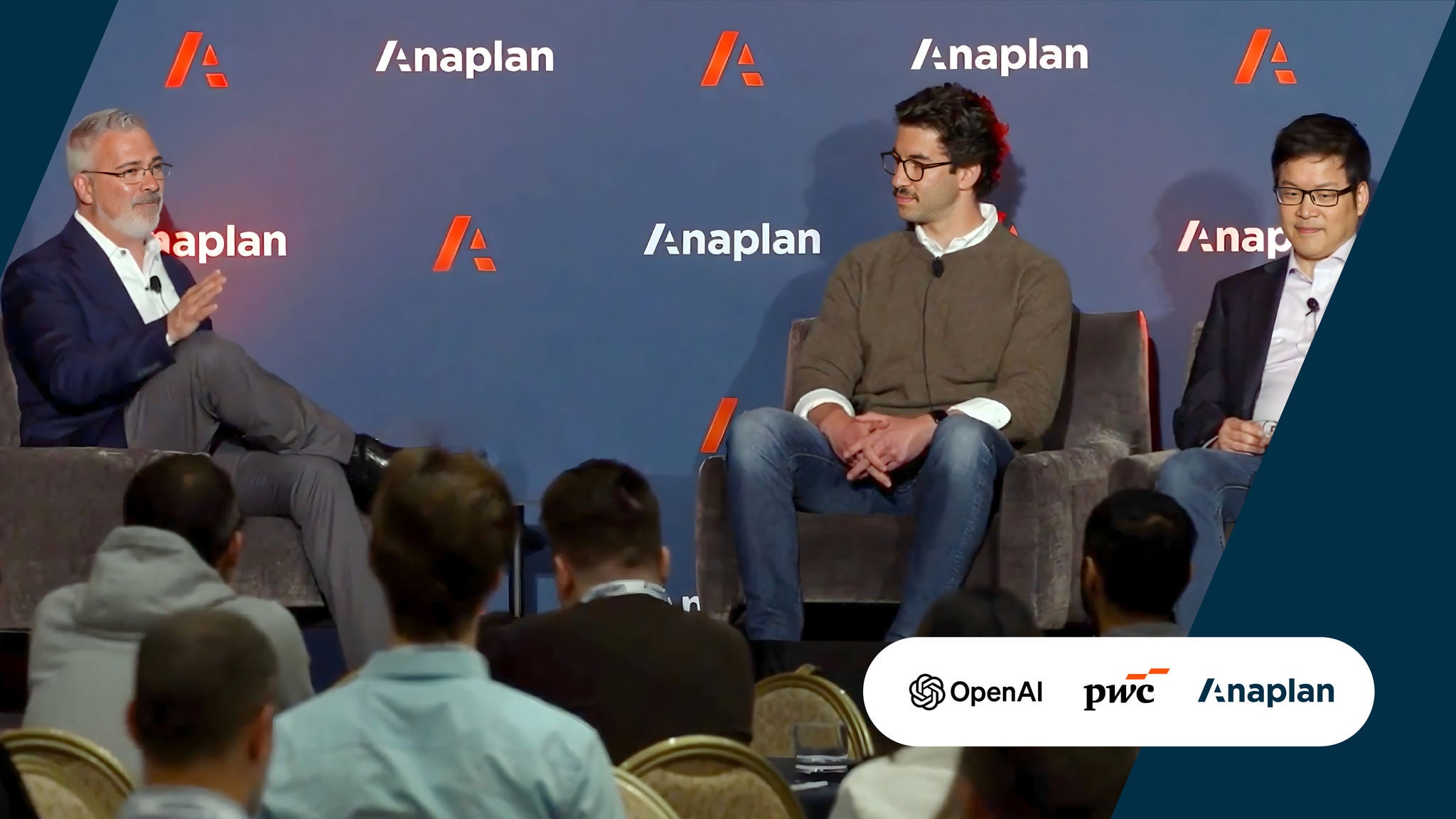 OpenAI, PwC, and Anaplan logos on the bottom right. Three panelists sit in front of a blue Anaplan stage backdrop, responding to a seated audience.