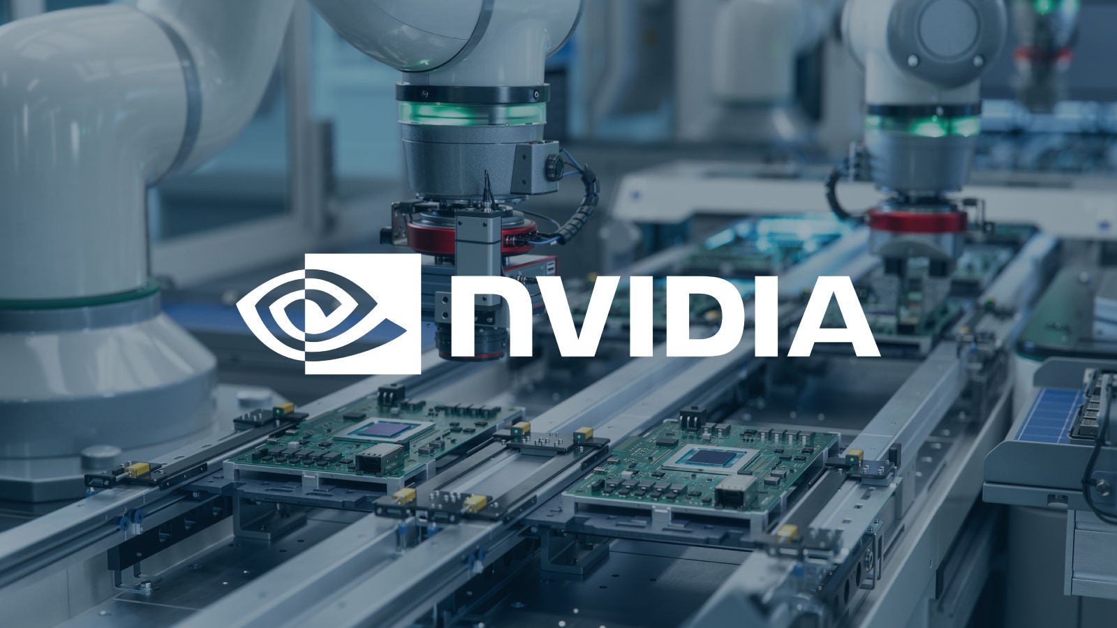 NVIDIA logo overlaid on a close-up of robotic arms assembling circuit boards in a tech manufacturing setting.