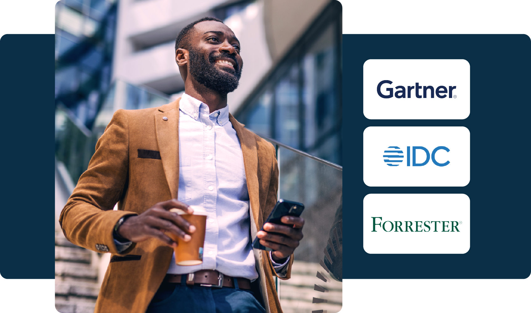 Smiling businessman in a city setting holding a coffee cup and phone, with analyst logos (Gartner, IDC, Forrester) displayed to the right.