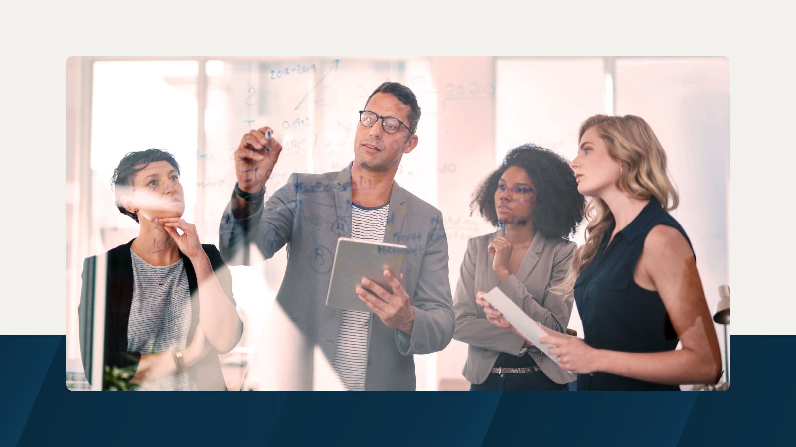 Anaplan solution brief on achieving collaborative and aligned go-to-market planning. The text highlights optimizing sales, marketing, and customer success strategies, with an image of a diverse team brainstorming at a glass wall.