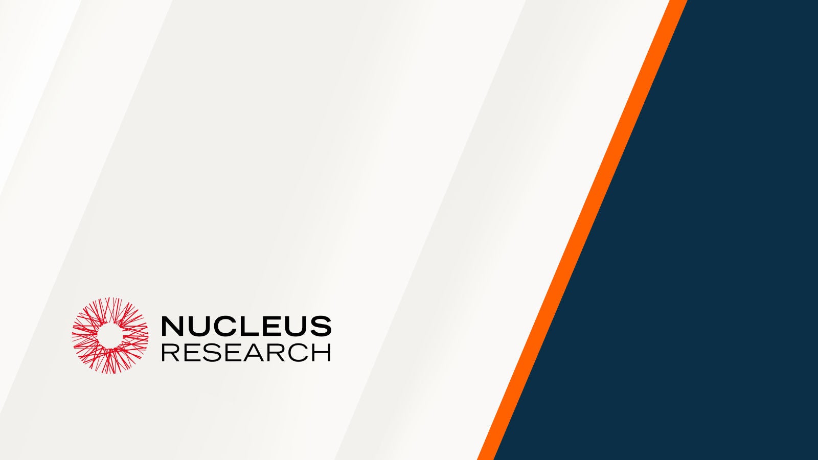 Nucleus Research logo displayed on a light background with diagonal white and navy-blue panels and a bold orange accent stripe.