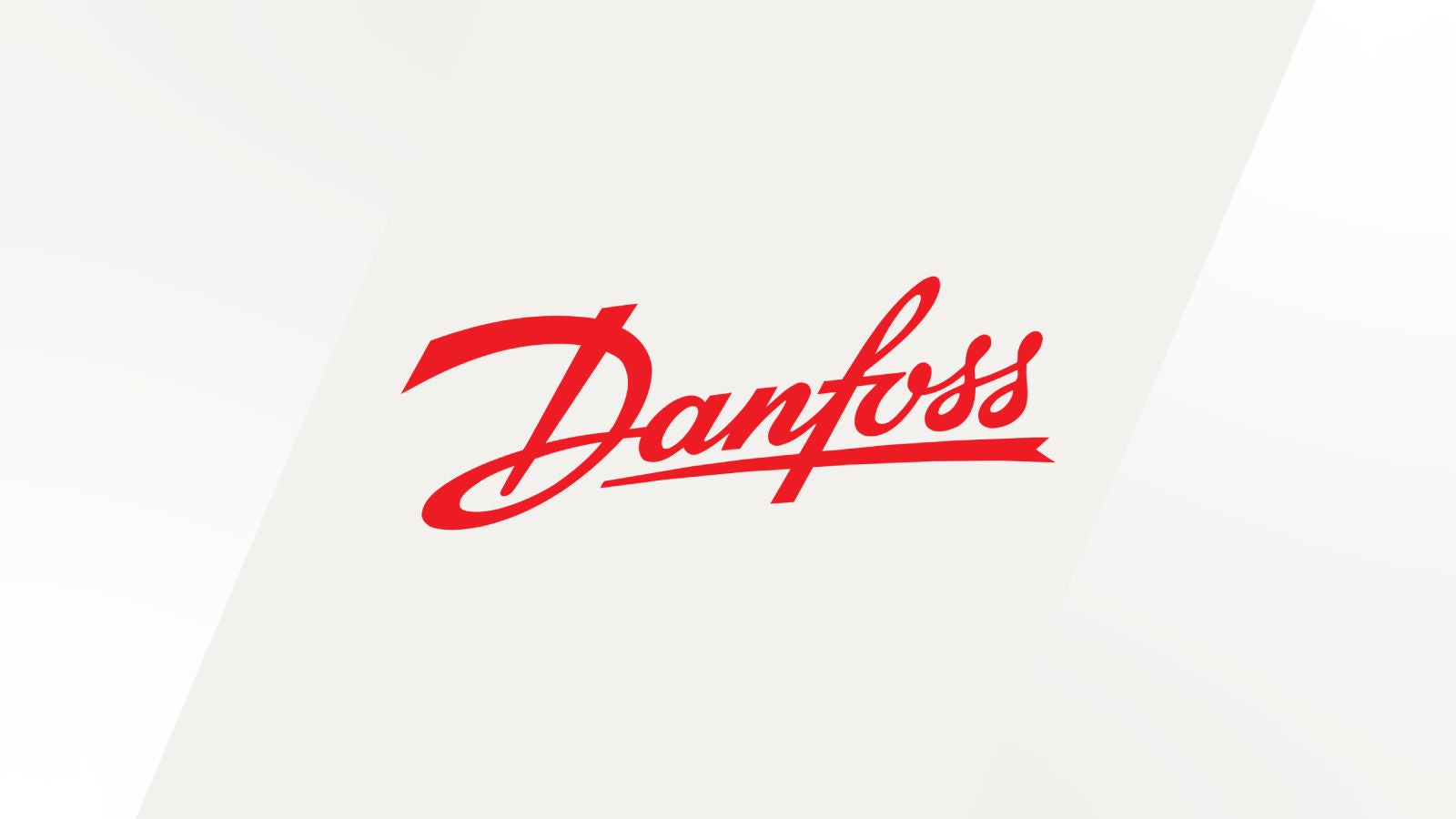 Danfoss logo displayed center. Danfoss logo in red script on a white background with soft gray diagonal accents.
