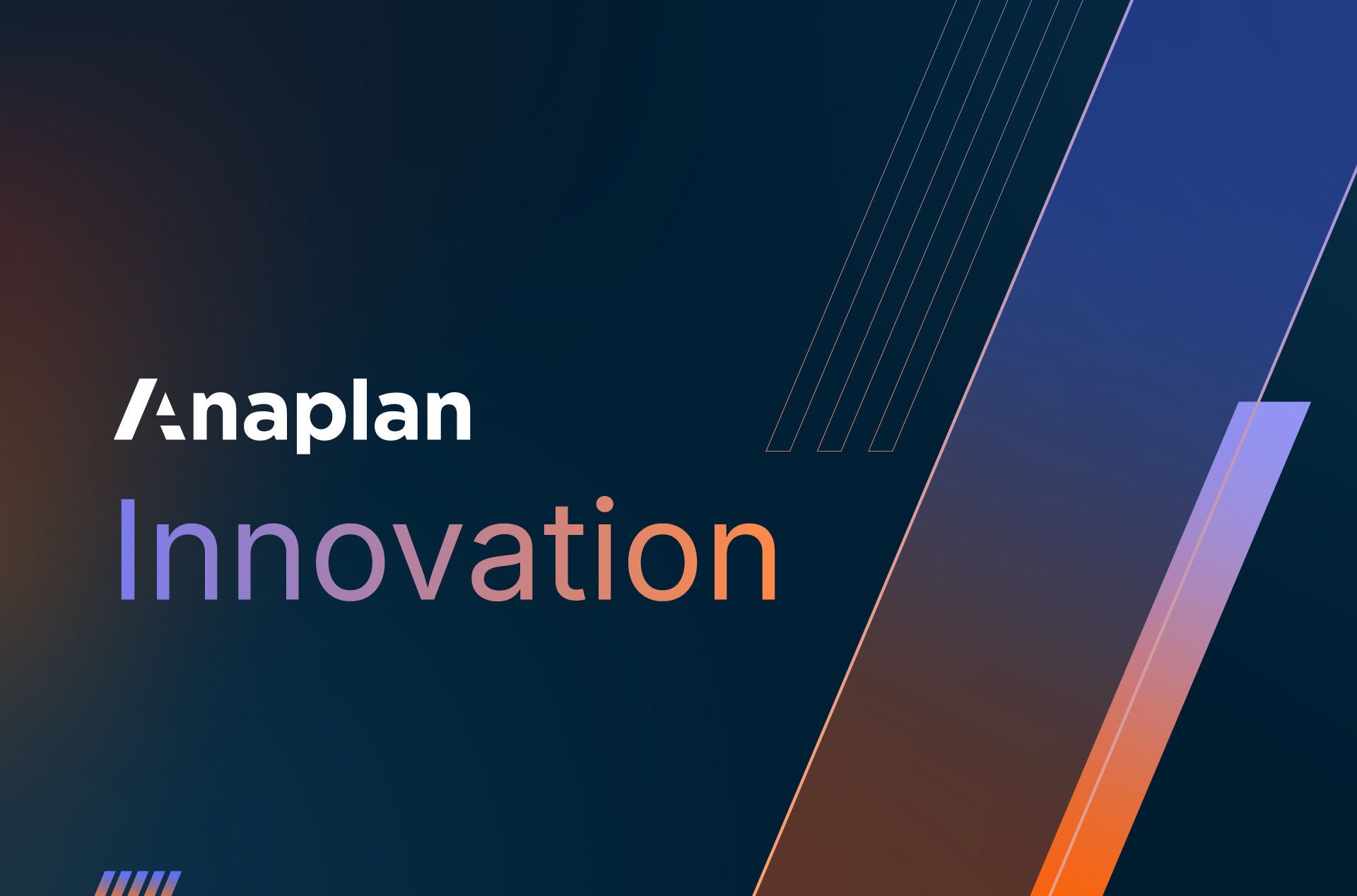 Anaplan Innovation graphic on a dark blue gradient background with angled color-accented stripes and modern geometric lines.
