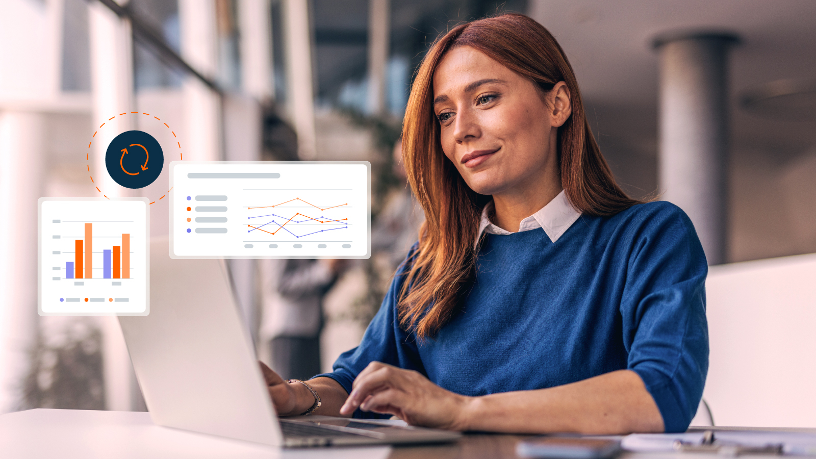 Woman in office smiling while working on computer. Illustrations of  Anaplan dashboards are in front of her