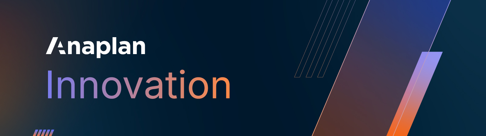 Anaplan Innovation graphic on a dark blue gradient background with angled color-accented stripes and modern geometric lines.