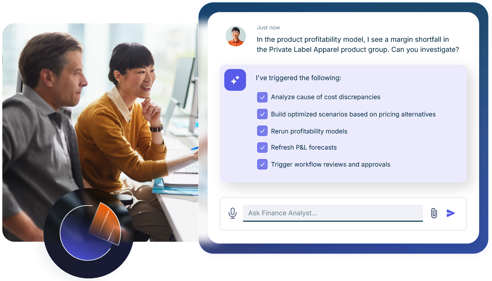 Two professionals reviewing data on a computer with a digital assistant showing profitability analysis actions.