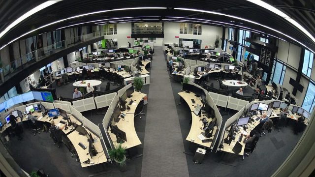 Aerial view of an office with triangular cubicles